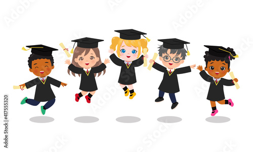 Cute boy and girl in graduation gown jumping together. Flat vector cartoon character design isolated