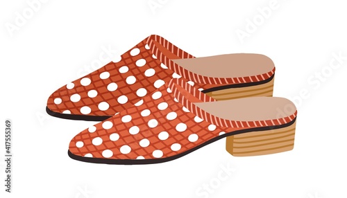 Fashion backless mule shoes or slippers with low heel. Trendy women's summer footwear. Colored flat vector illustration of fashionable summer slides isolated on white background