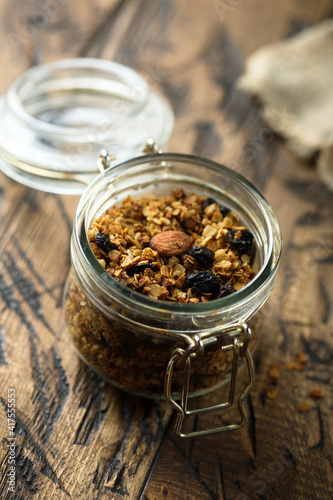 Traditional homemade granola in the jars