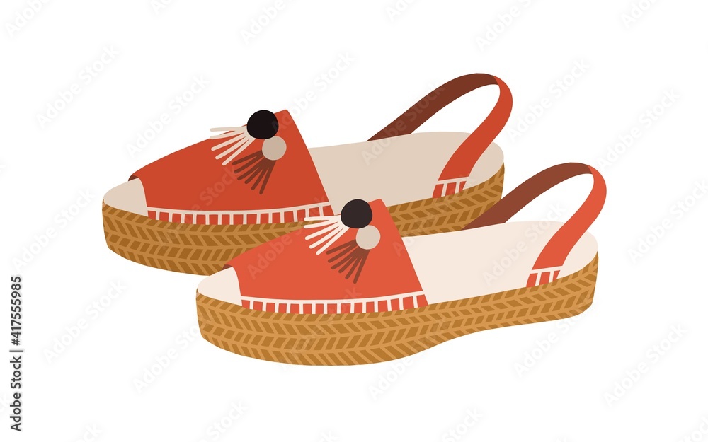 Espadrilles or modern peep-toe sandals with flat rope sole and canvas upper. Fashion trendy summer footwear. Colored vector illustration of women's open shoes isolated on white background