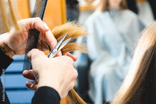 The master hairdresser cuts the ends of the girl's hair after washing in the beauty salon close up