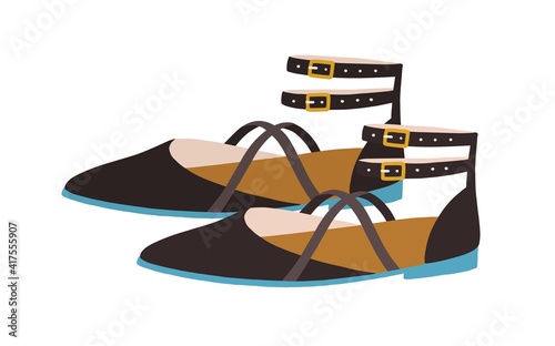 Elegant women's sandals with closed pointed toe, counter and buckled ankle straps. Summer fashion strappy footwear or shoes. Colored flat vector illustration isolated on white background