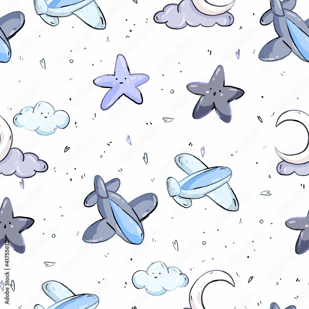 Fototapeta premium Airplane stars blue gray planet clouds pattern paper digital paper scrapbooking paper for fabric pattern for textiles pattern for children's clothing baby pattern seamless texture