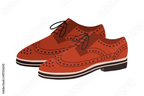 Modern fashion oxford shoes with flat sole. Trendy footwear decorated with eyelet tabs. Colored vector illustration isolated on white background