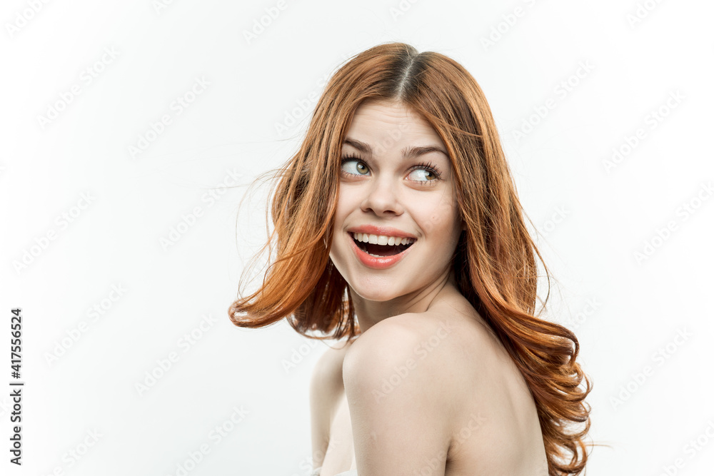 cheerful pretty woman with bare shoulders isolated background smile studio cheerful pretty woman with bare shoulders isolated background smile studio