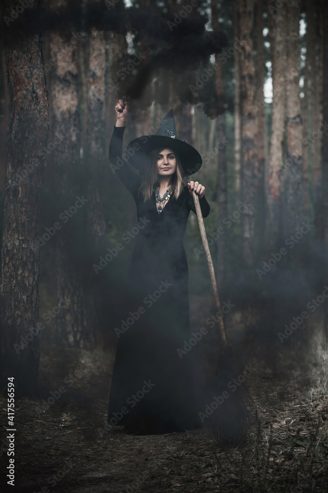 Witch at wood, fog around, magic concept, illustration for rituals and mystical scene