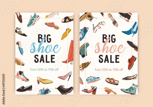 Design of flyer with spring and summer shoe sale announcement. Set of vertical banners with frame of women trendy fashion footwear. Flat vector illustration of flier templates with place for text