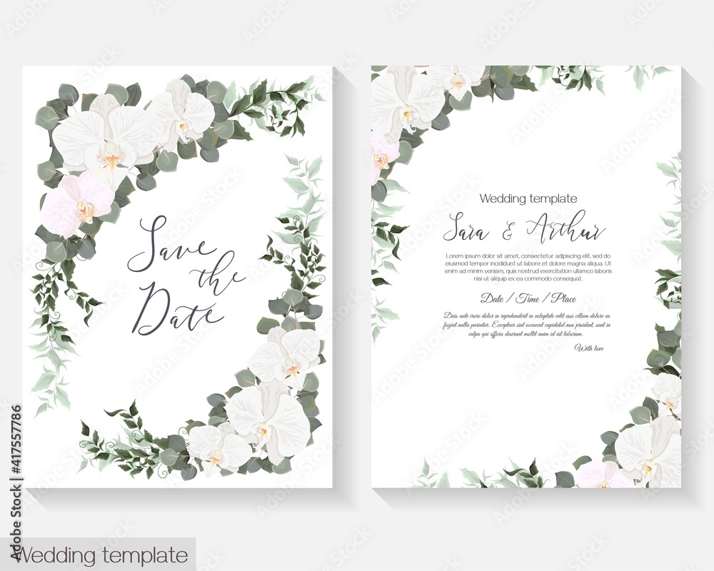 Floral design for wedding invitation. White orchids, eucalyptus, green plants and flowers.