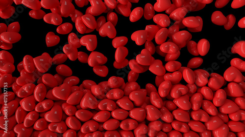 Falling dynamic red hearts filling the screen on isolated black background. 3d illustration
