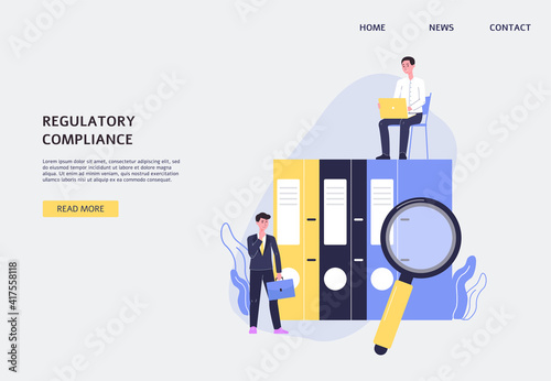 Web banner regulatory compliance with business people, flat vector illustration.