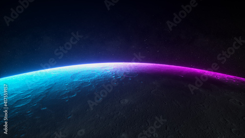 Fantastic neon sunrise on the moon from space. The rotation of the moon. Modern ultraviolet lighting. Blue purple light spectrum. Stars and space. 3d illustration