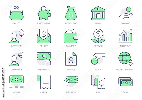 Finance savings simple line icons. Vector illustration with minimal icon - piggy bank, banknote bundle, wallet, investor person, cash, insurance, globe pictogram. Green Color, Editable Stroke