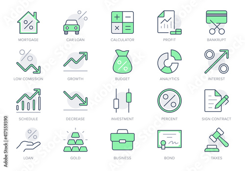 Finance investment simple line icons. Vector illustration with minimal icon - briefcase, portfolio, certificate, gold bar, mortgage, quotes, car loan pictogram. Green Color Editable Stroke