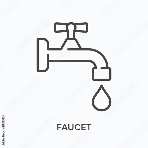 Faucet flat line icon. Vector outline illustration of water tap and drop. Black thin linear pictogram for plumbing