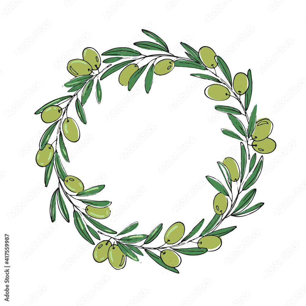 Fototapeta premium Floral wreath with green olives, vector illustration.