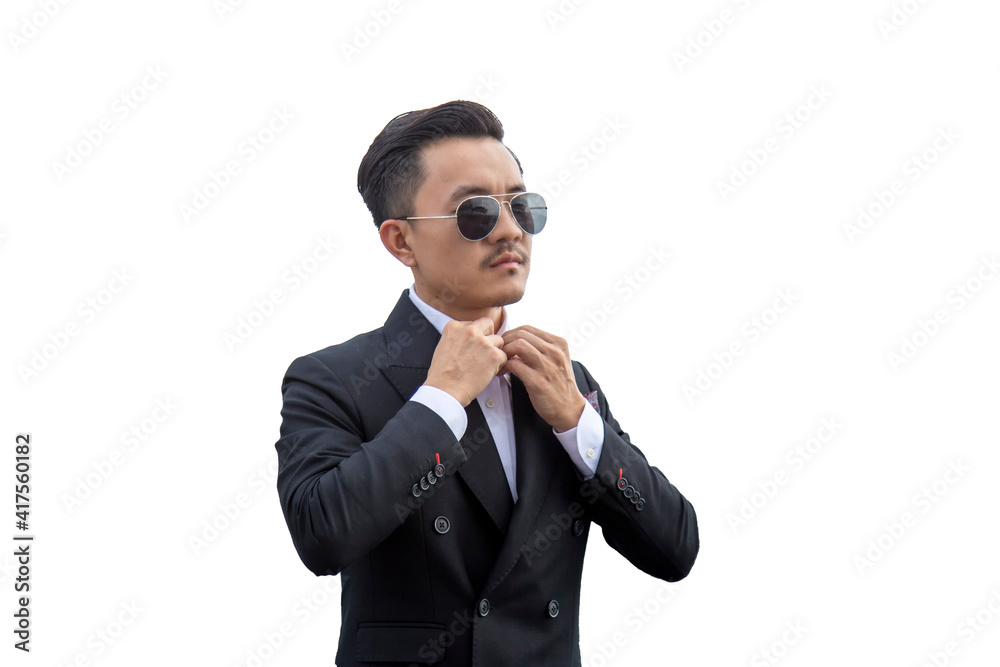 Portrait of asian businessman standing on white background. Asian man in black suit isolate on white background. Portrait of asian businessman standing on white background. Asian man in black suit isolate on white background.