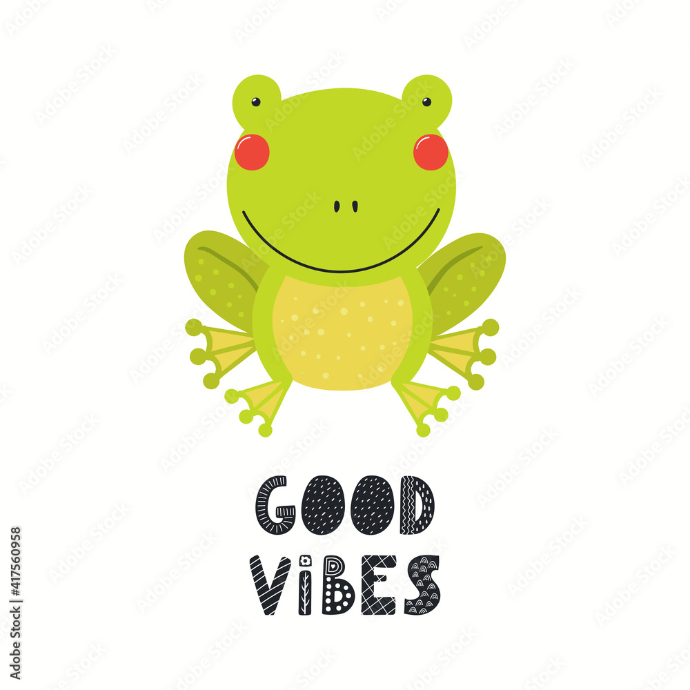 Cute funny frog, text Good vibes, isolated on white. Hand drawn wild animal vector illustration. Scandinavian style woodland. Flat design. Concept for kids fashion, textile print, poster, card