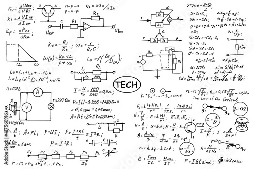 Physics, electronic engineering, mathematics equation, scheme and calculations, endless hand writing. Vector whiteboard. Technology background.