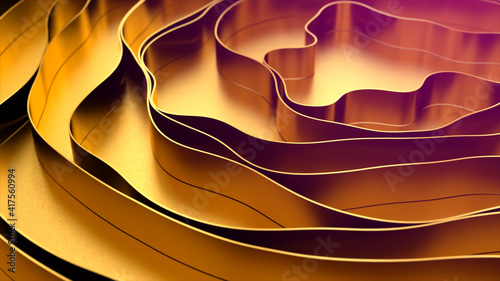 Gold wave background. Gold stripes on a gold surface. Organic gold texture. 3d illustration