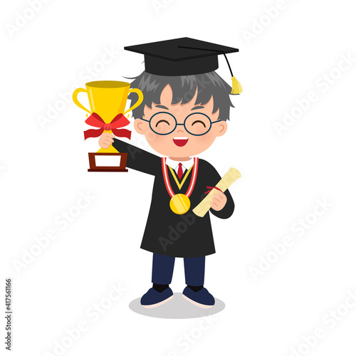 Cute boy in graduation gown holding a trophy and gold medal. Smart kids clip art. Flat vector design isolated