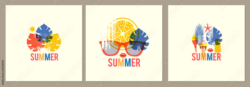 Summer is coming. Poster set. Design template with silk-screen effect. Serigraphy design.