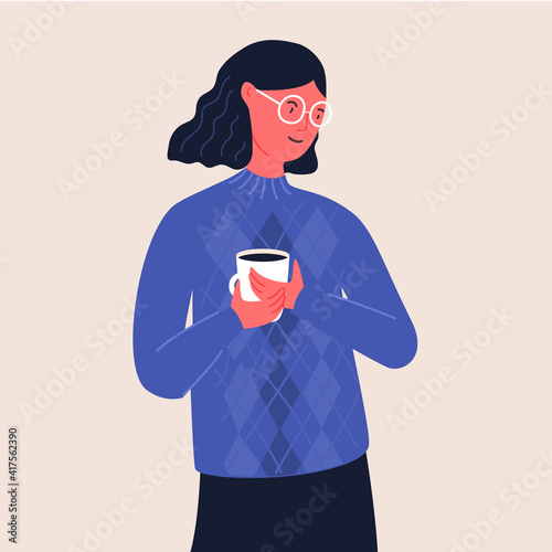 Woman in glasses hold cup of coffee. Girl with wavy hair in blue knitted sweater. Flat vector illustration.