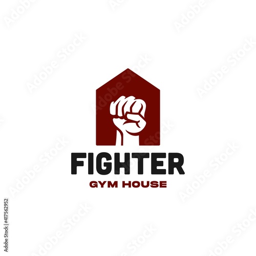 gym house logo with hand boxing punch icon design, house of fighter concept Illustration in trendy minimal simple vector