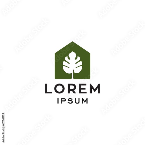 minimal and simple house icon vector logo with beautiful monstera leaf plant tree flower, organic house, cottage forrest design illustration 