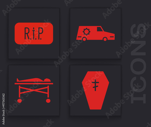 Set Coffin with cross, Speech bubble rip death, Hearse car and Dead body in the morgue icon. Vector.