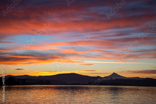 sunrise on Columbia River with Mt Hood in background