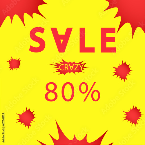 Crazy sale abstract red design on yellow background for shop with discount. Offer for clients