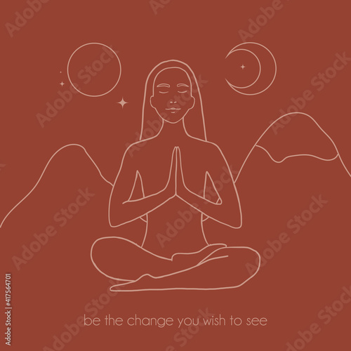 Contour of woman in yoga pose for meditation in mountains with moon and sun. Modern minimalist mystical astrology aesthetic illustration with Motivational quote for poster. Beautiful poster.