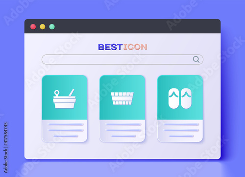 Set Sauna bucket, and ladle and Flip flops icon. Vector.