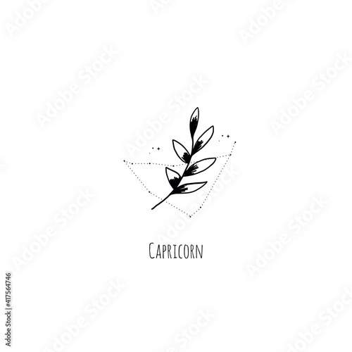 Hand drawing Capricorn constellation symbol with floral branch and stars. Modern minimalist mystical astrology aesthetic illustration with zodiac signs