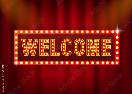 Retro banner welcome on purple backdrop. Light effect. Bright star. Vector design banner. Game sign.