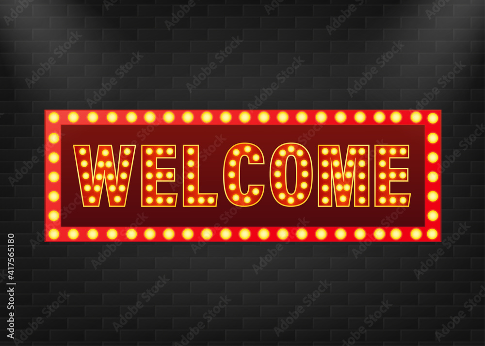 Retro banner welcome on purple backdrop. Light effect. Bright star. Vector design banner. Game sign.