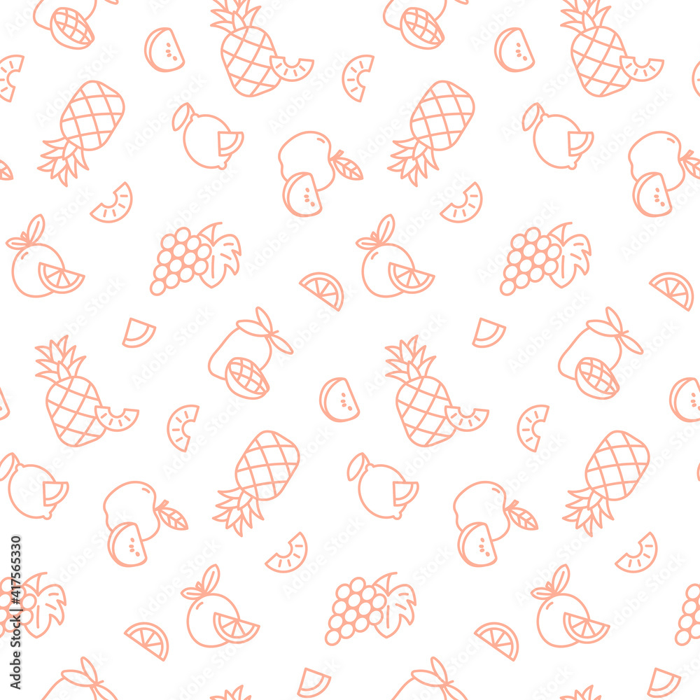 Seamless pattern with various fruits and fruit slices for packaging or wrapping paper design. Simple repeat design with minimalistic fruit icons Seamless pattern with various fruits and fruit slices for packaging or wrapping paper design. Simple repeat design with minimalistic fruit icons