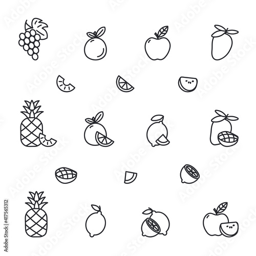 Set of simple fruit icons isolated on white background. Collection of fruit and fruit slices. Lineart drawing.