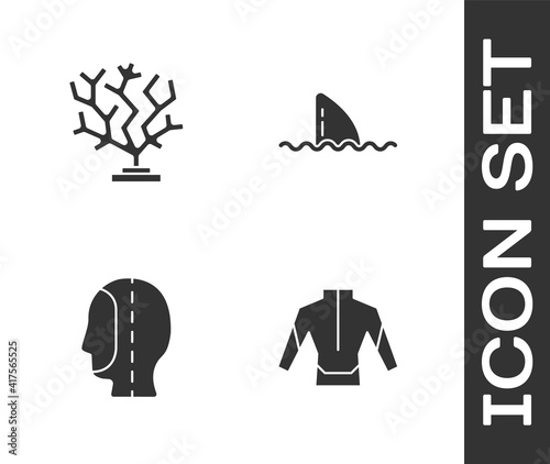 Set Wetsuit, Coral, Diving hood and Shark fin ocean wave icon. Vector.