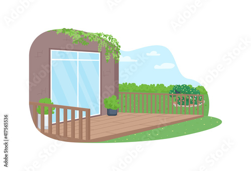 House back yard patio 2D vector web banner, poster. Modern dwelling. Summer recreation. Spring flat scenery on cartoon background. Home outdoors printable patch, colorful web element