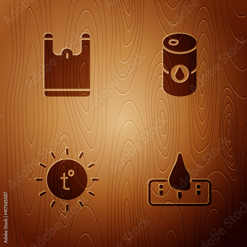 Set Deforestation, Plastic bag, Sun and Barrel oil on wooden background. Vector.