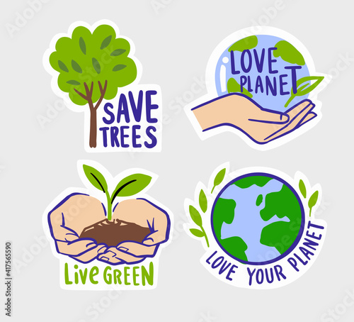 Ecologic labels. Eco safe emblems, green logo lettering. Sticker or ecological sign concept.