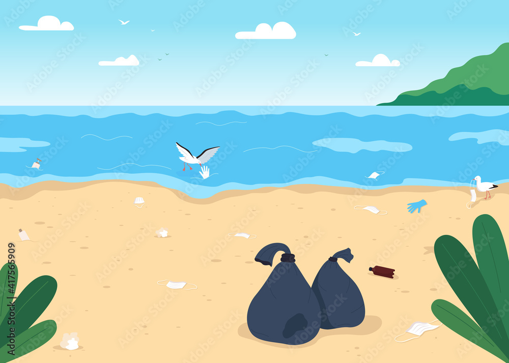 Empty dirty beach flat color vector illustration. Covid pandemia isolation results. No vacation during summer. Social distance 2D cartoon landscape with tropical islands on background