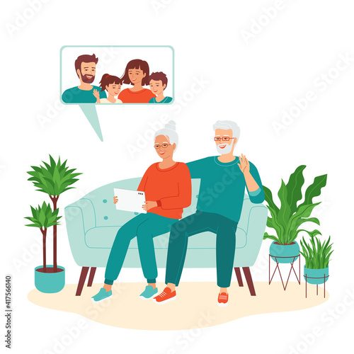 Elderly gray-haired senior woman and a man are talking with their children via video call on a tablet. Remote communication with retirees, grandparents. Happy active mature family. Vector illustration