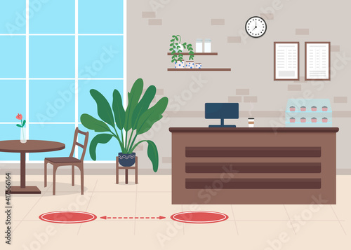 Social distance flat color vector illustration. Avoiding corona virus. Rules during pandemic for visiting restaurants. Lockdown business 2D cartoon interior with coffee shop on background