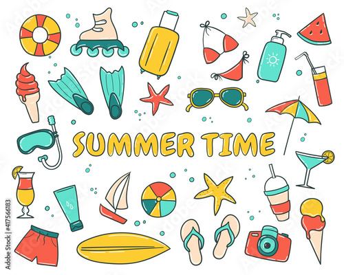 Set of summer beach items. Clip-art collection of things for vacation. Bright stickers. Vector illustration isolated on white background.
