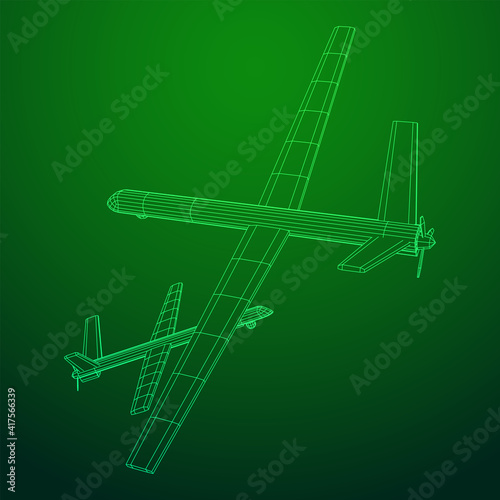 Military drone combat unmanned aerial vehicle. Recon aircraft plane. Wireframe low poly mesh vector illustration.
