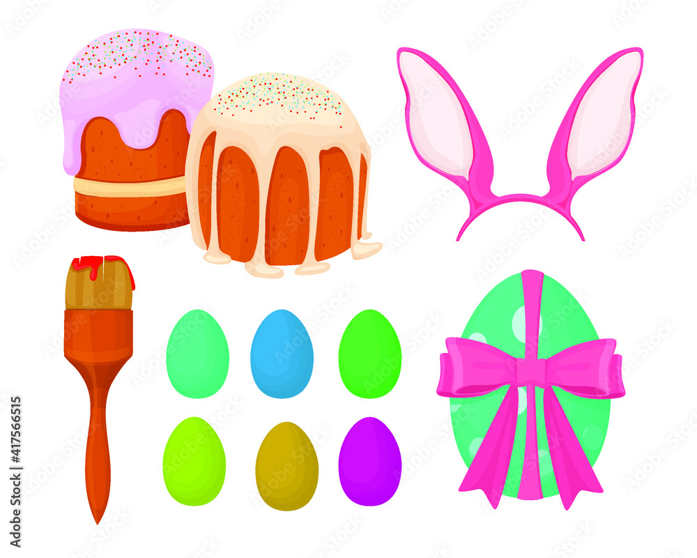 Set of Easter elements isolated on abel background. Pasque, eggs, hare ears and a brush for painting eggs. Easter holiday. Vector illustration 