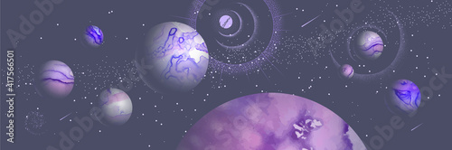 Modern magic witchcraft card with planets in outer space. Alcohol ink occult illustration