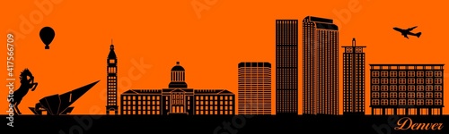 Vector city skyline silhouette - illustration, 
Town in orange background, 
Denver Colorado